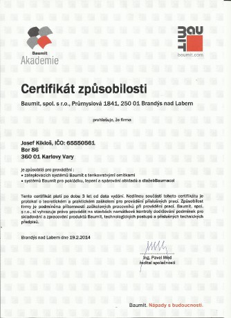 certifikát způsobilosti Baumit 