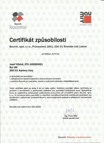 certifikát způsobilosti Baumit 