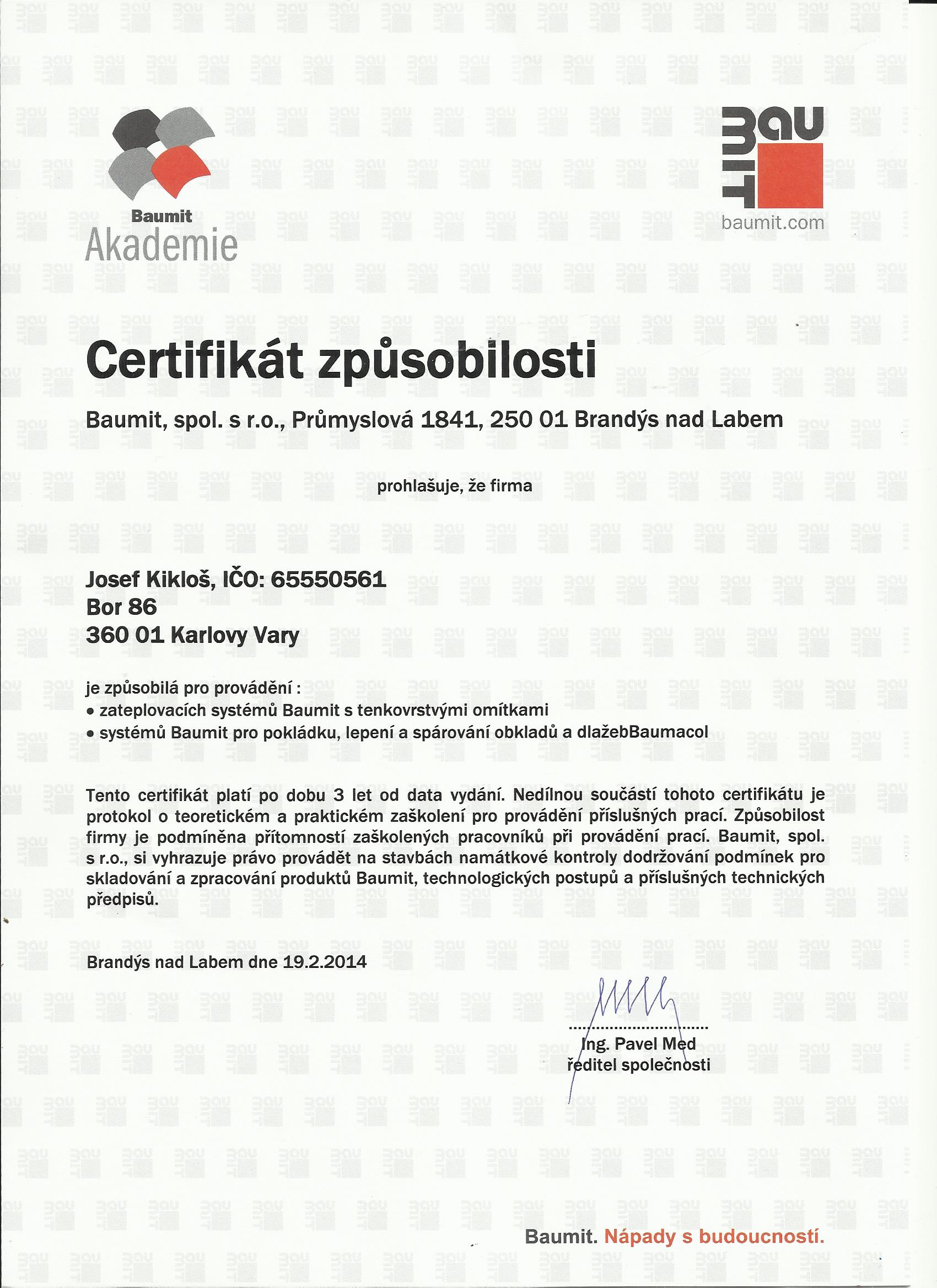 certifikát způsobilosti Baumit 