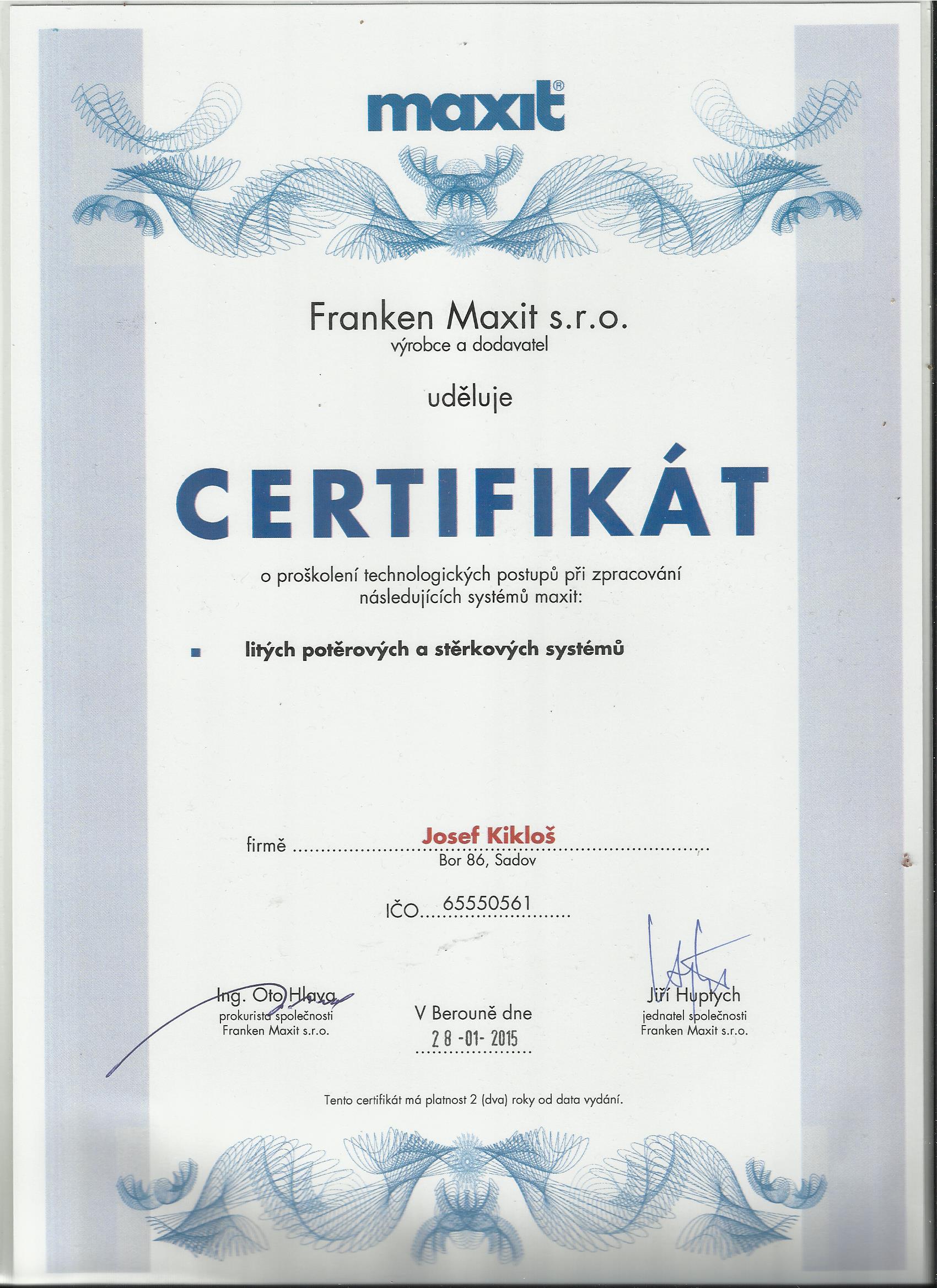 certifikát Maxit