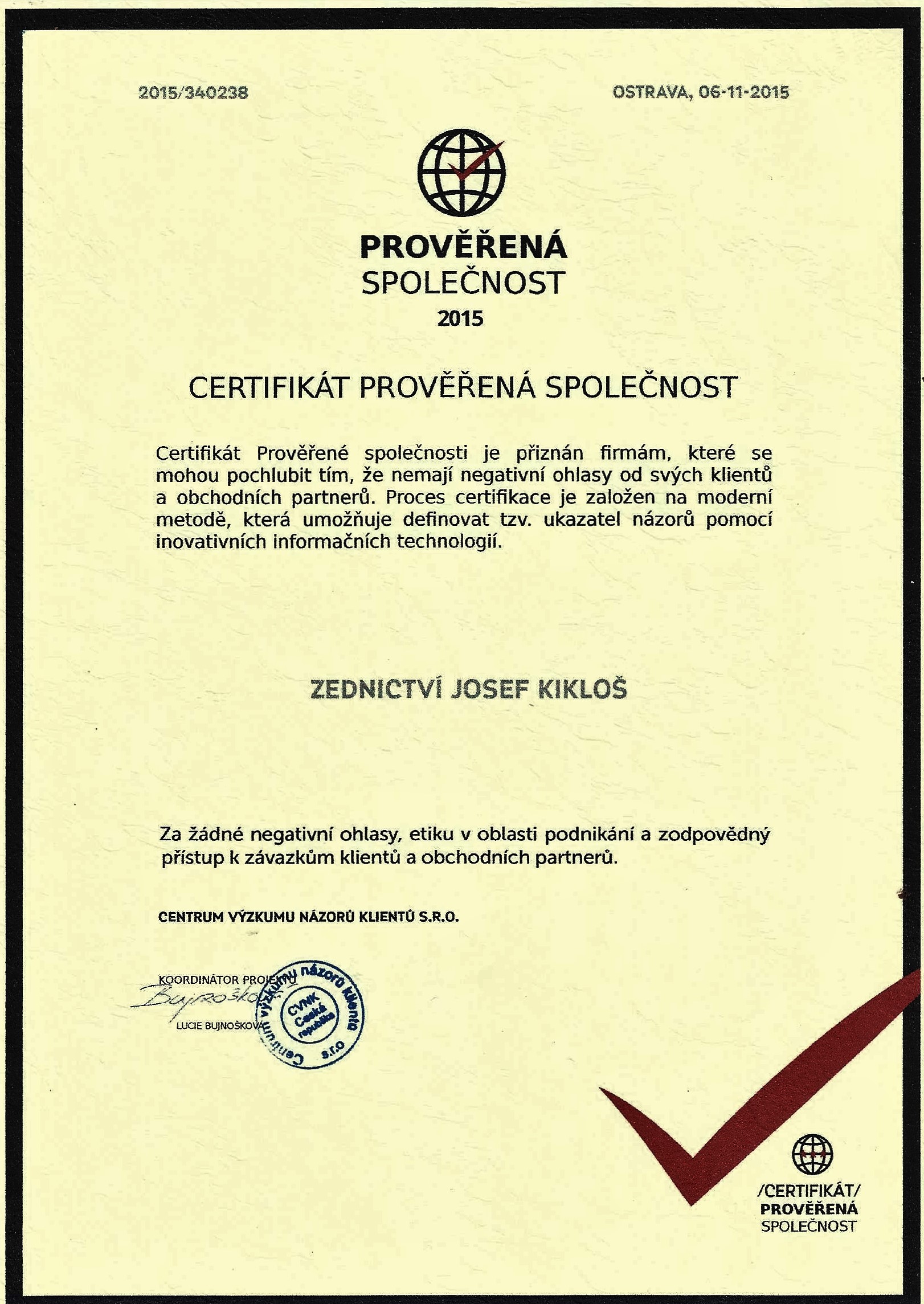 Prověřená společnost CERTIFIKÁT