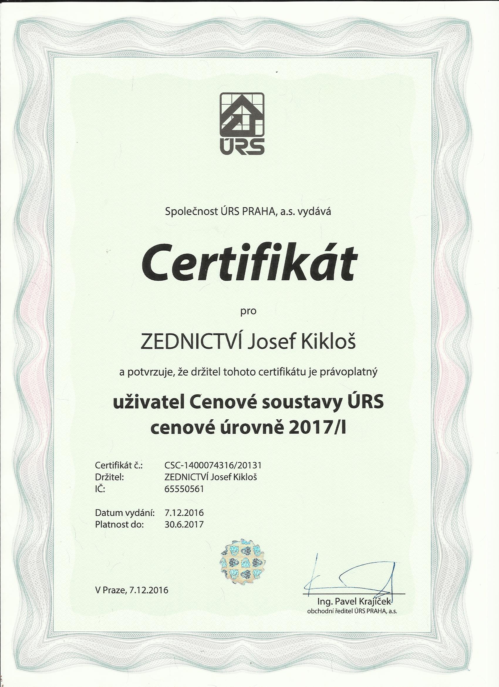 certifikát kros 001