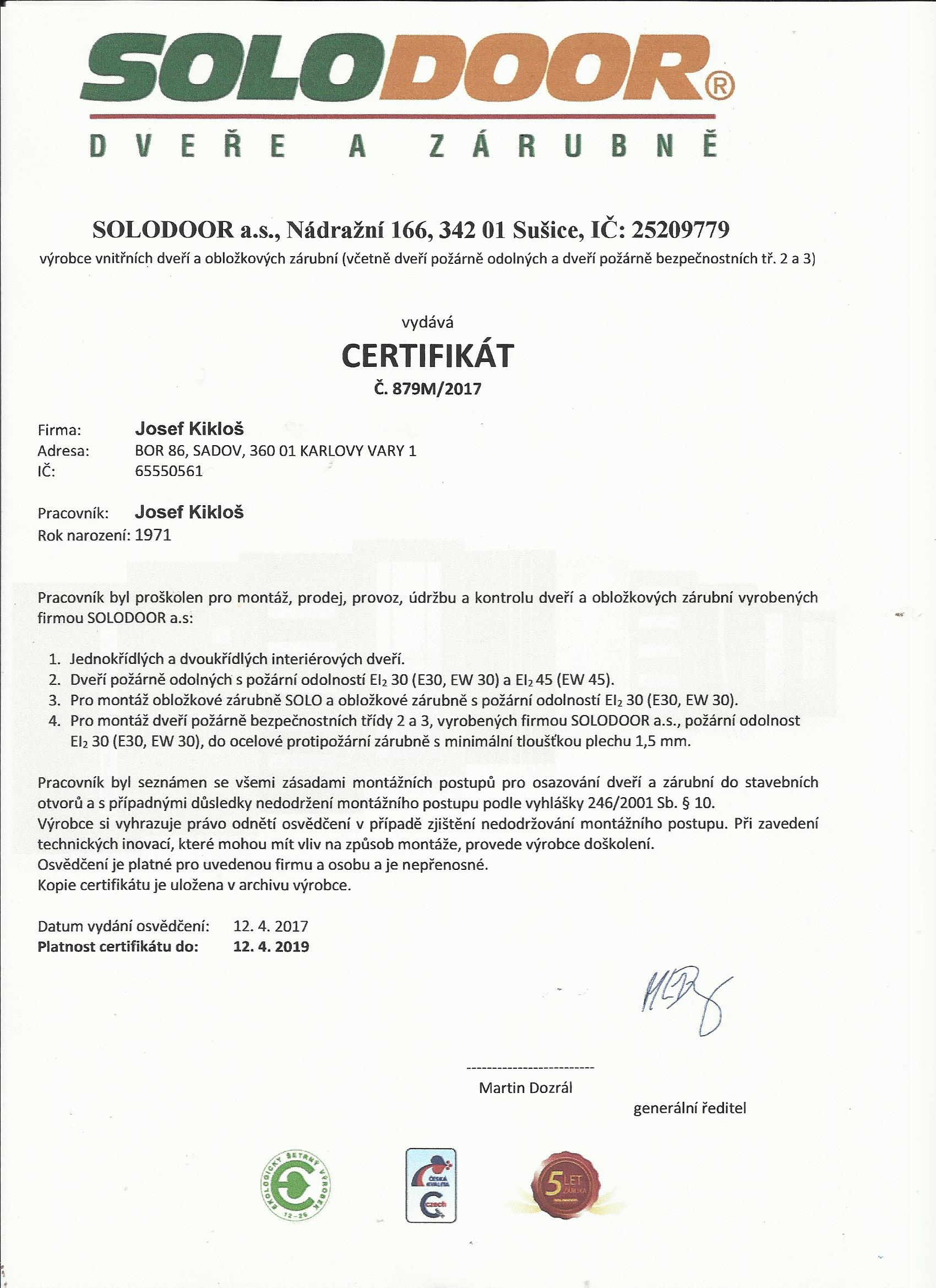 certifikát solodoor Pepa